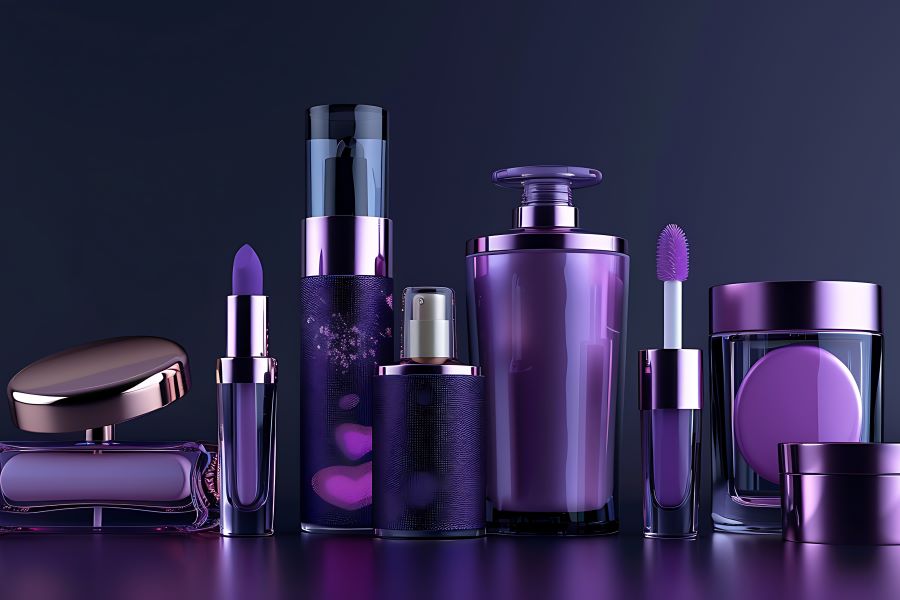 purple personal care products with black background